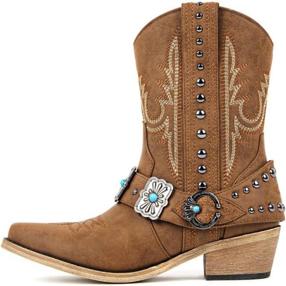 Women's Brown Ankle High Embroidery Pointed Toe Cowgirl Boots Rodeo Country